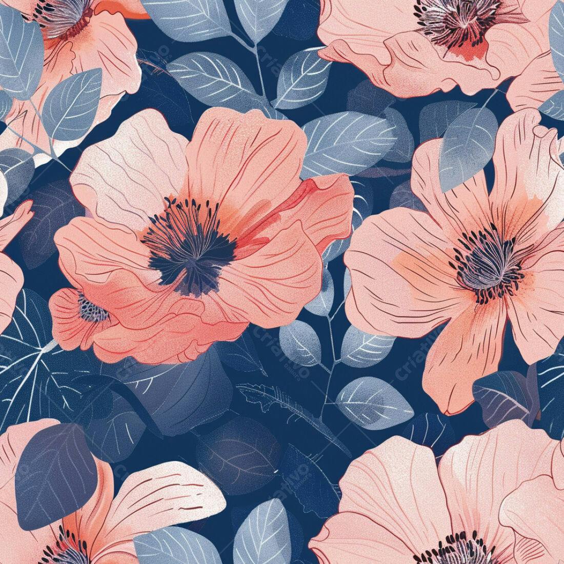 Textura floral pêssego e azul para papel de parede