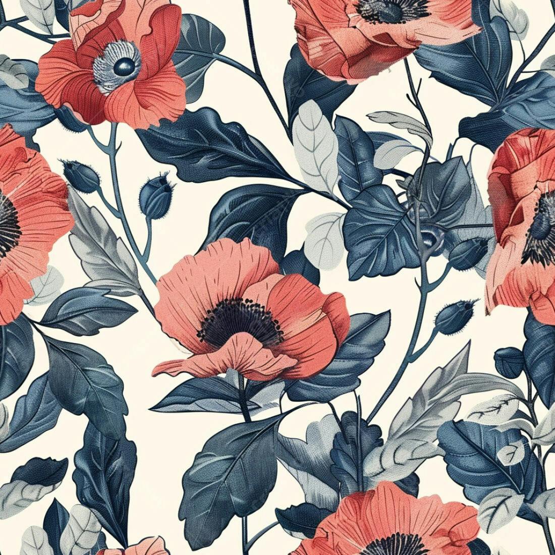Textura floral papoula tons rosa e azul para papel de parede