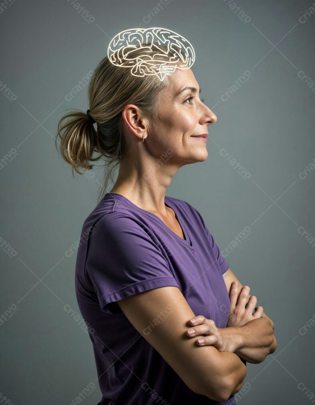 Mulher com imagem de cérebro pensando