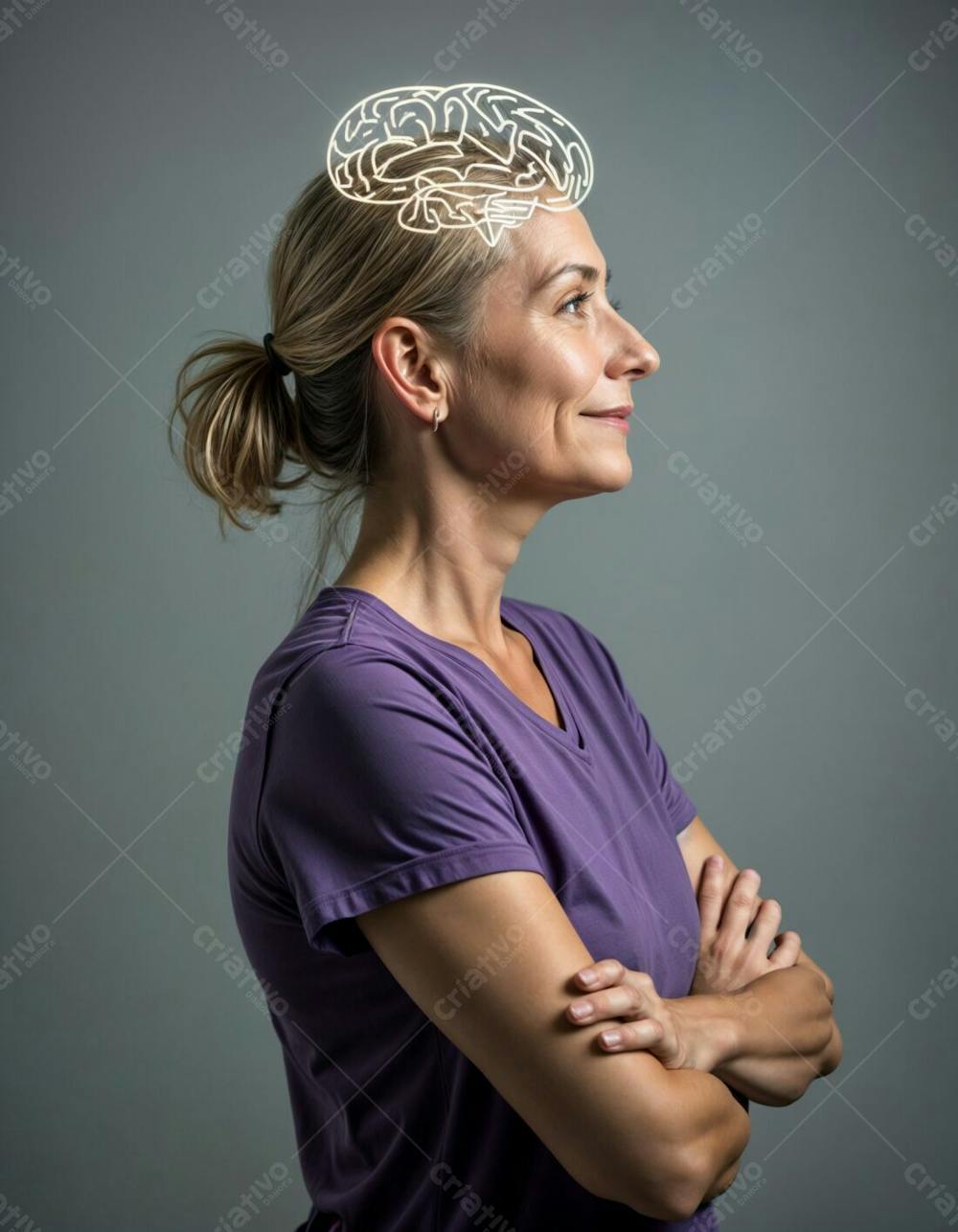 Mulher De Meia Idade De Perfil Com Blusa Roxa De Braços Cruzados Com Holograma De Cérebro