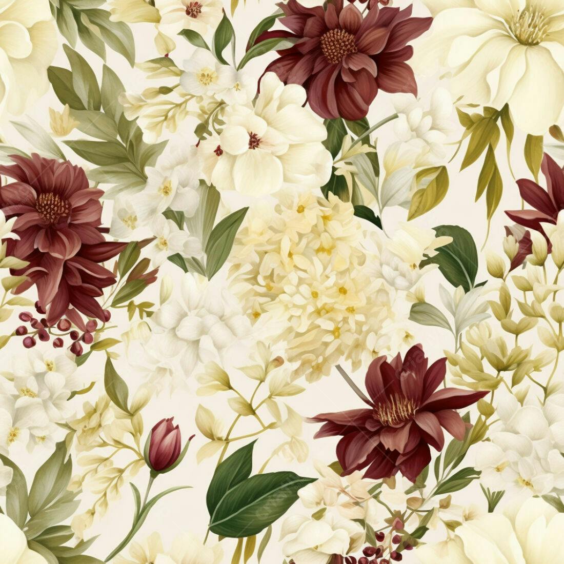 Textura Floral Borgonha e Creme para Papel de Parede