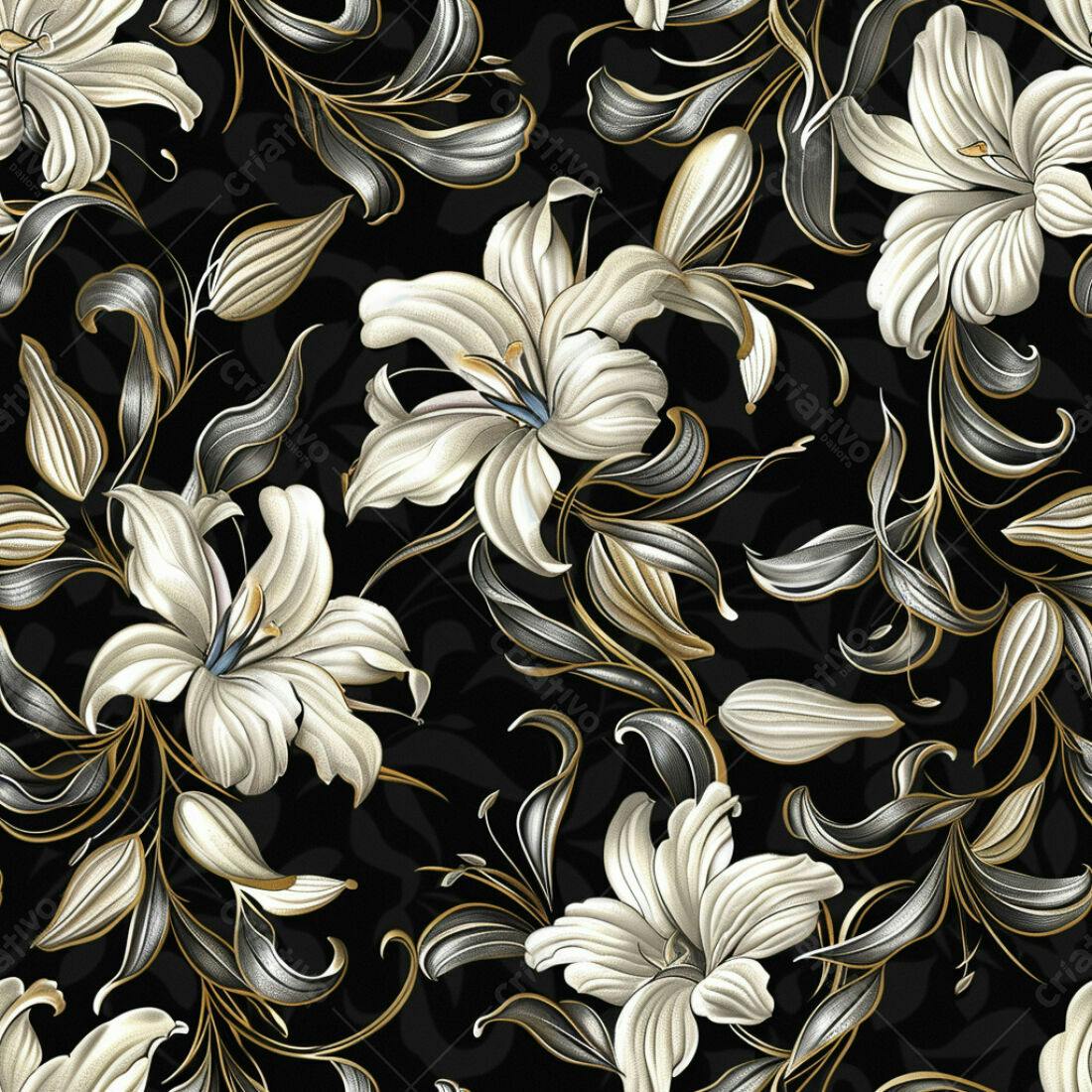 Textura floral lírios branco e dourado para papel de parede