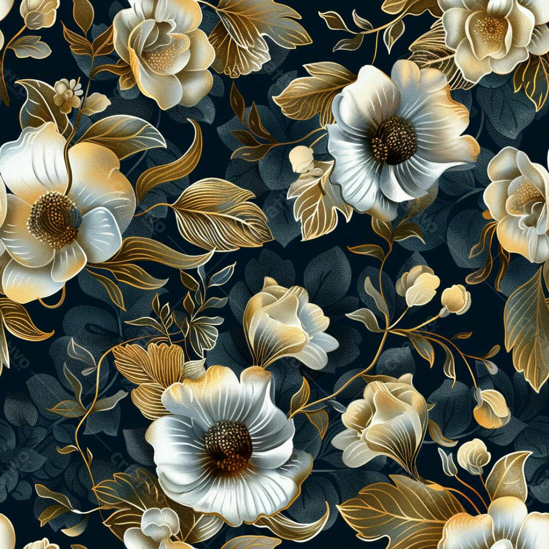 Textura Floral Dourada e Branca para Papel de Parede