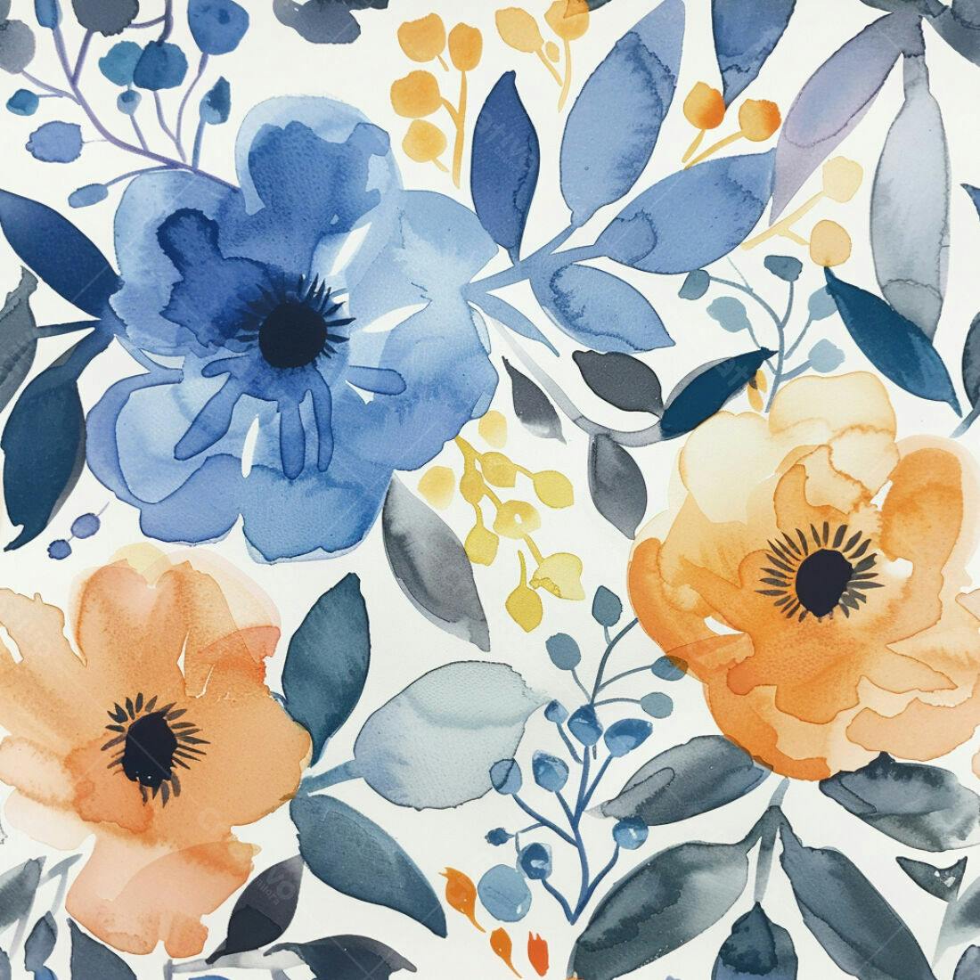 Textura floral aquarela azul e laranja para papel de parede