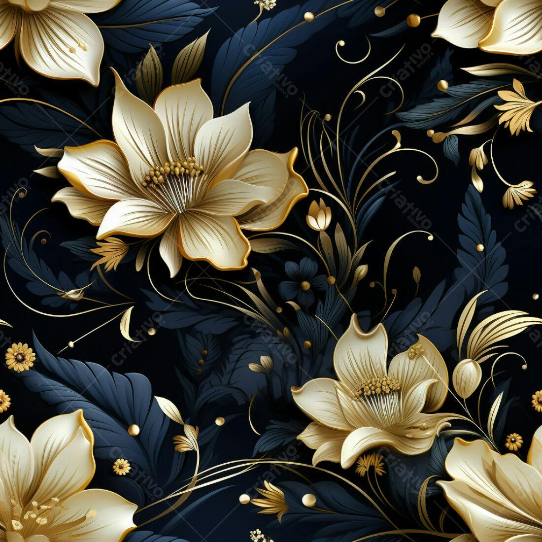 Textura Floral Dourada e Azul para Papel de Parede