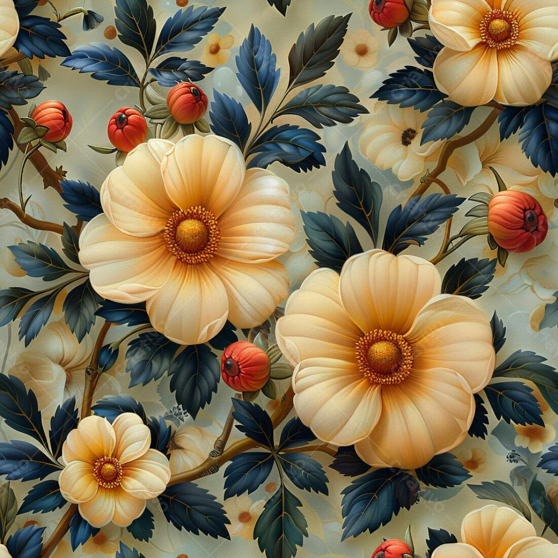 Textura floral creme e azul para papel de parede