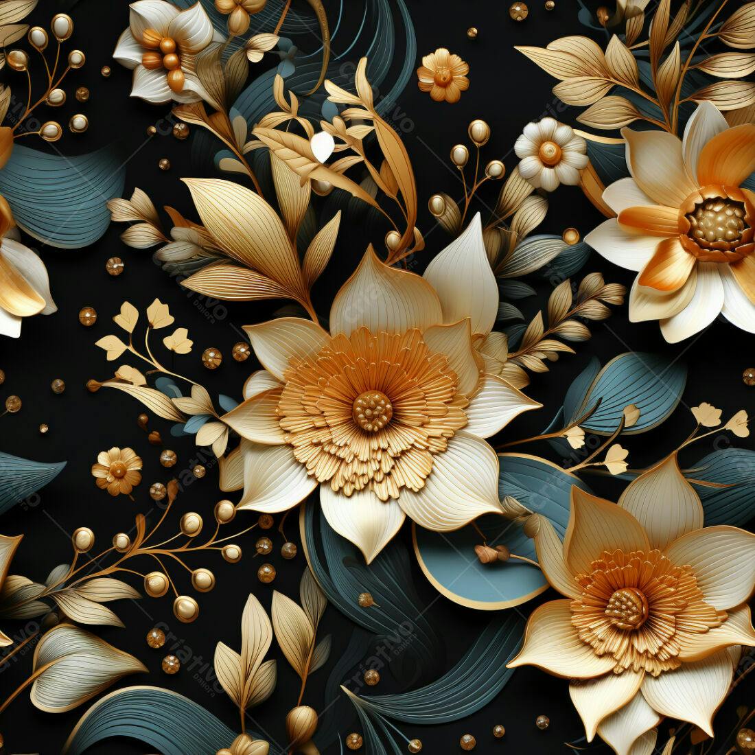 Textura Floral Dourada e Verde para Papel de Parede