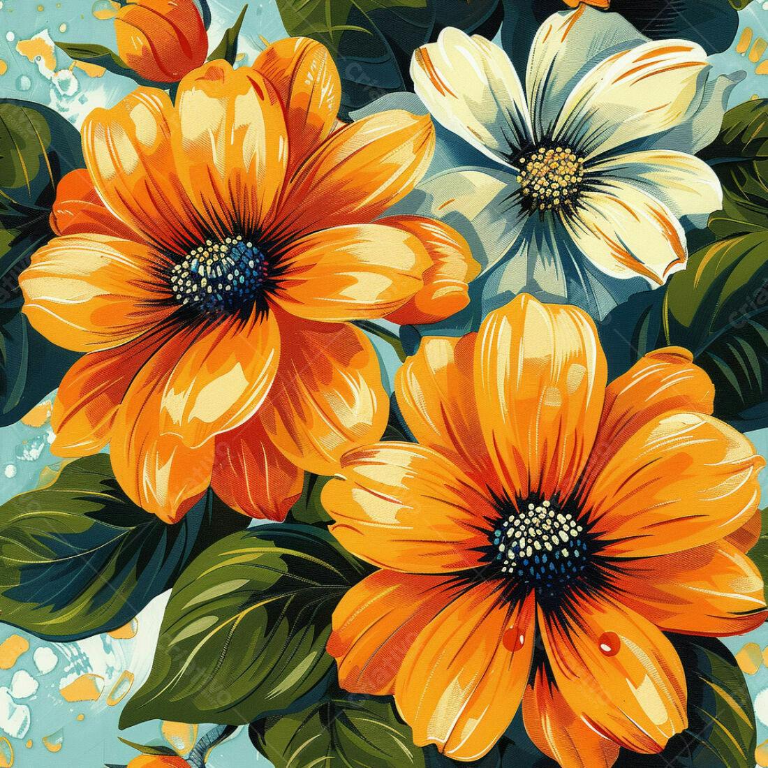Textura Floral Laranjas e Brancas para Papel de Parede