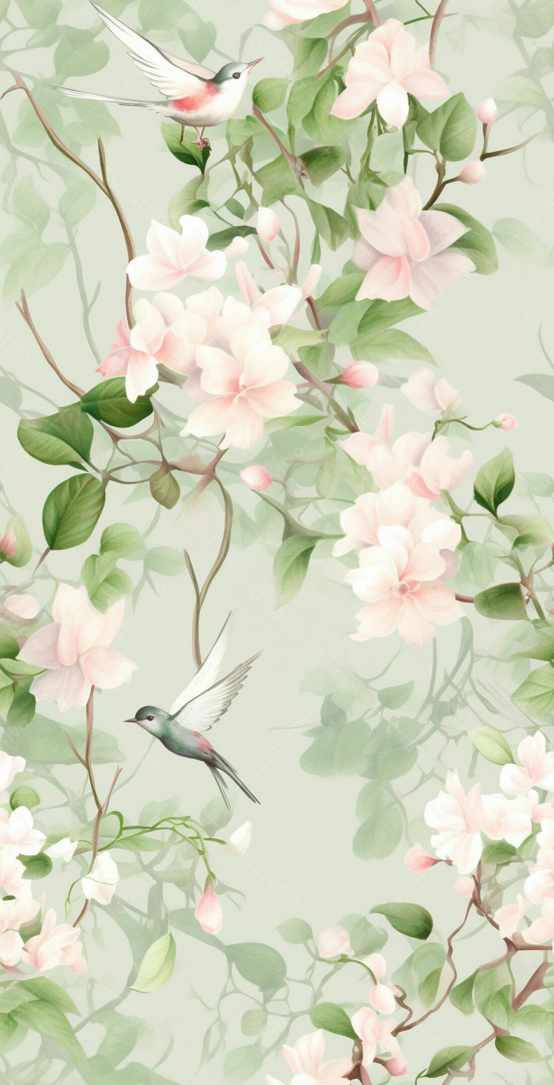 Textura Floral Pássaros Rosas para Papel de Parede