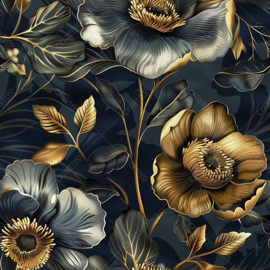 Textura floral dourada e azul marinho para papel de parede