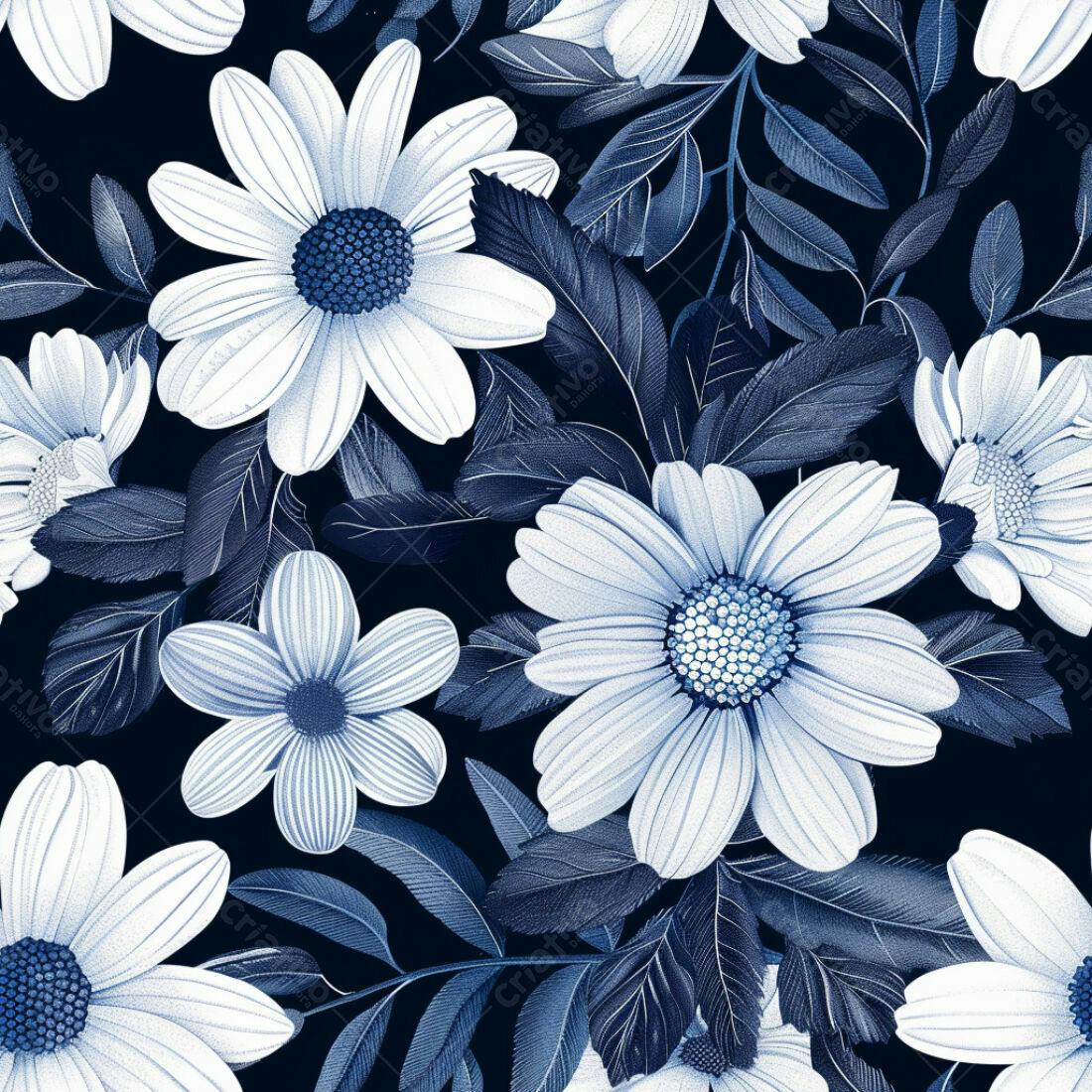 Textura Floral Azul e Branco para Papel de Parede