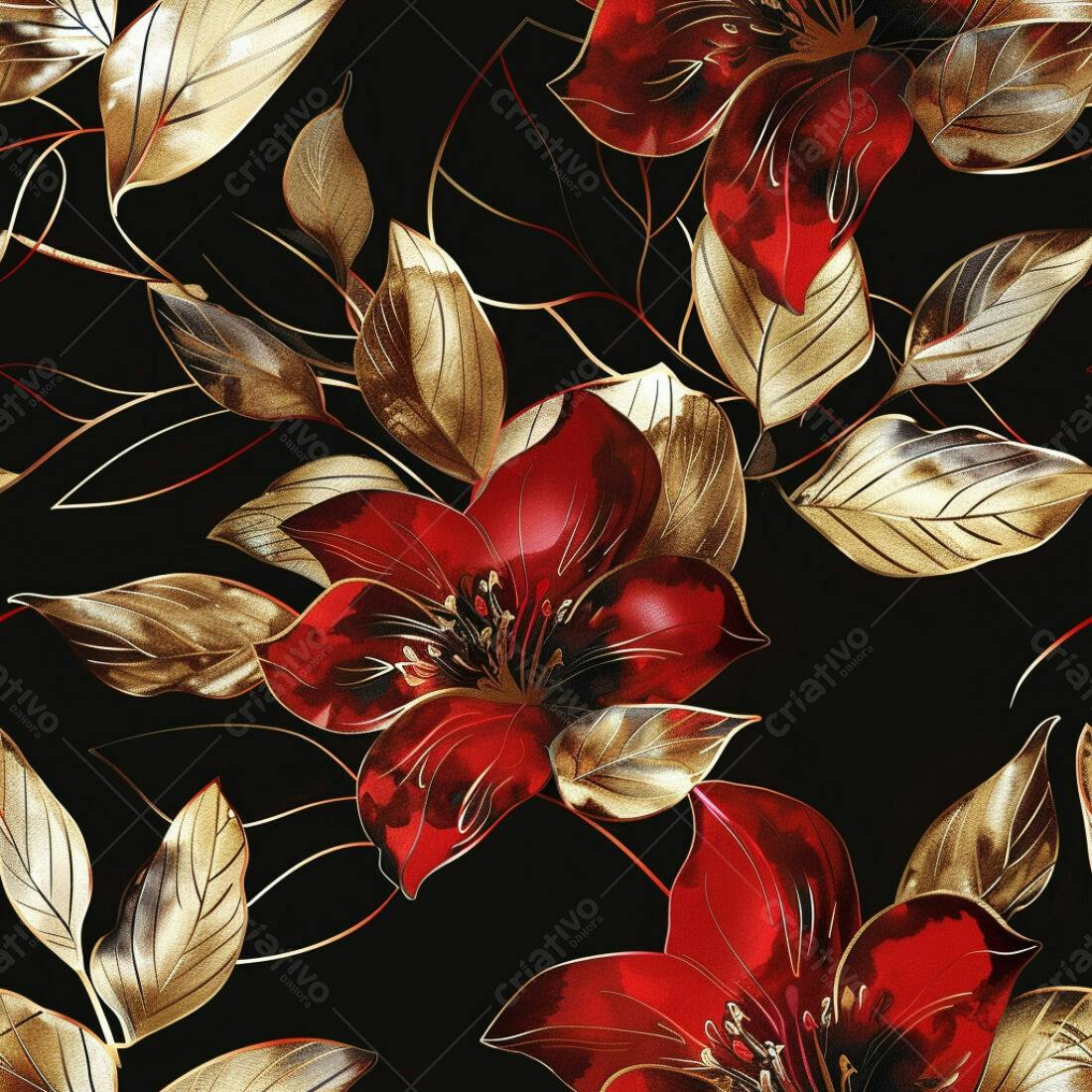 Textura floral vermelho e dourado para papel de parede