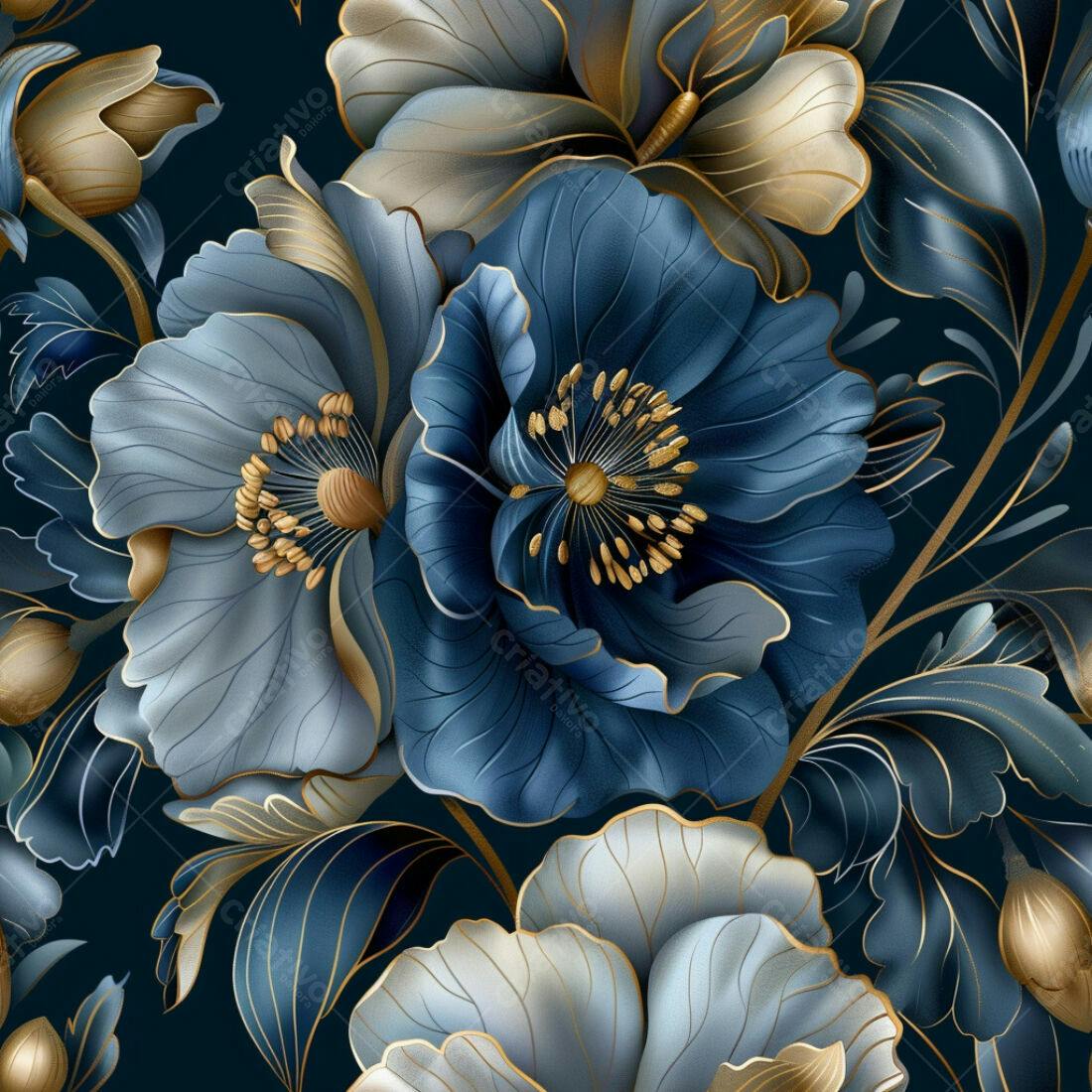 Textura floral azul e dourado para papel de parede