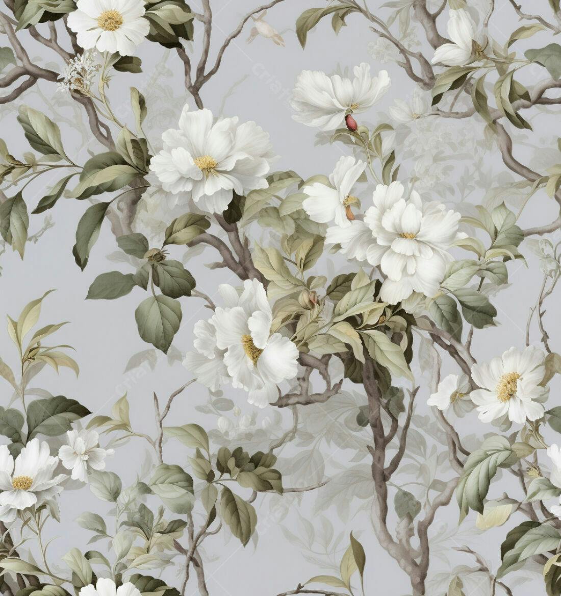Textura Floral Branca e Verde para Papel de Parede