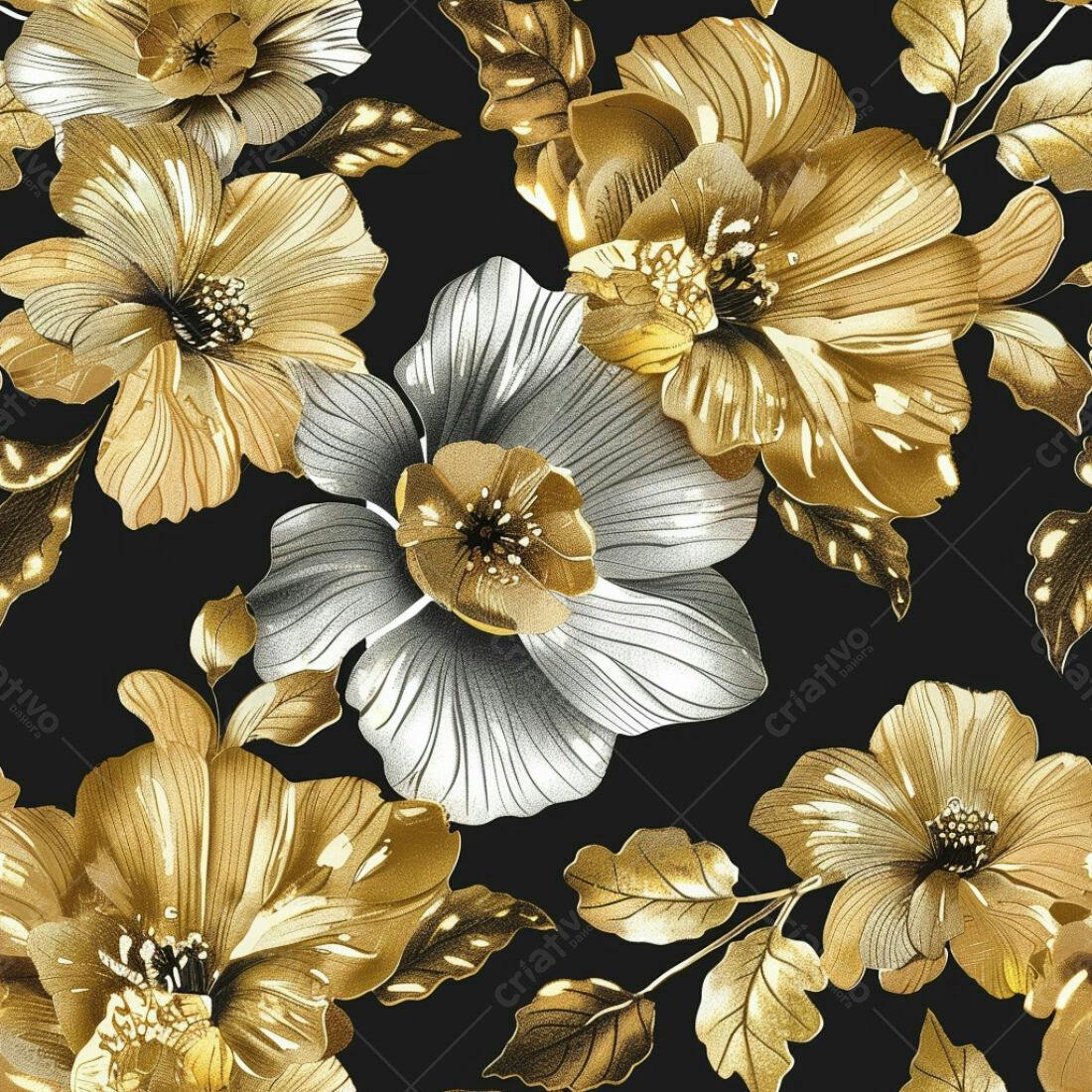 Textura Floral Dourada e Prata para Papel de Parede