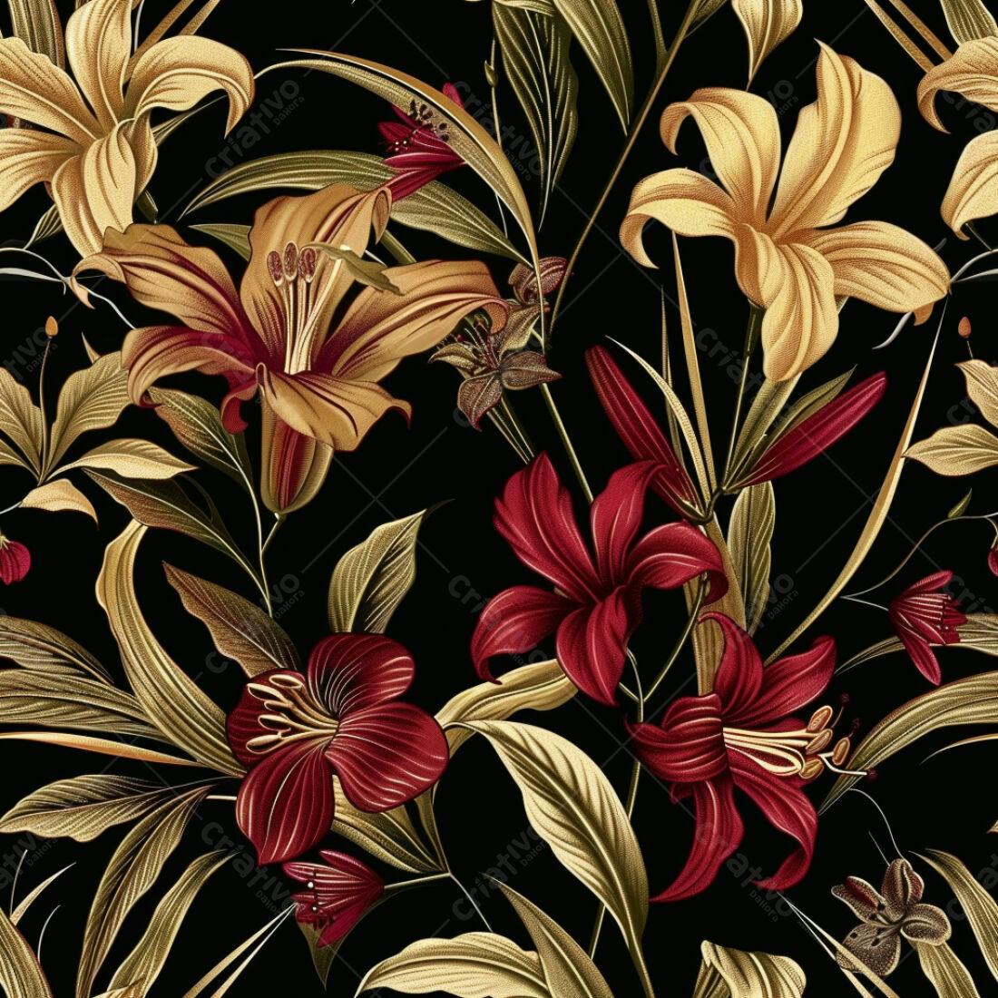 Textura Floral Lírios Dourado e Vermelho para Fundo