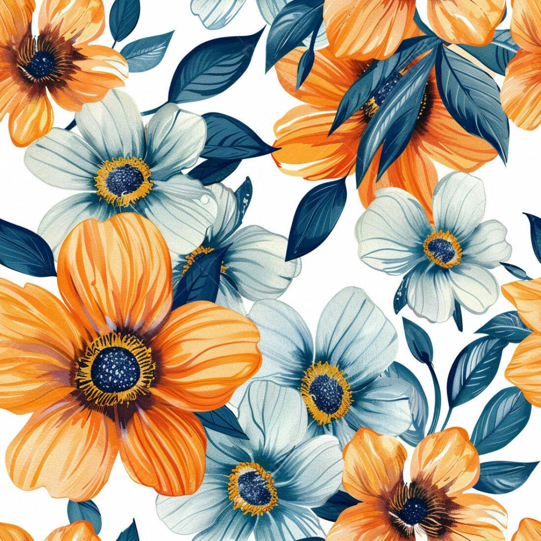 Textura floral laranja e azul para papel de parede
