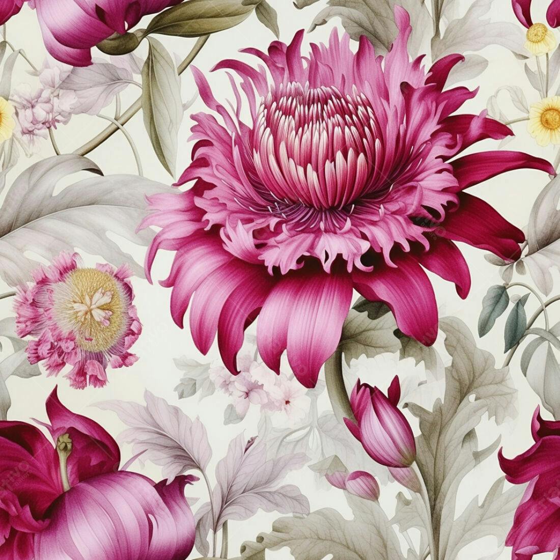 Textura Floral Rosas e Folhas para Papel de Parede