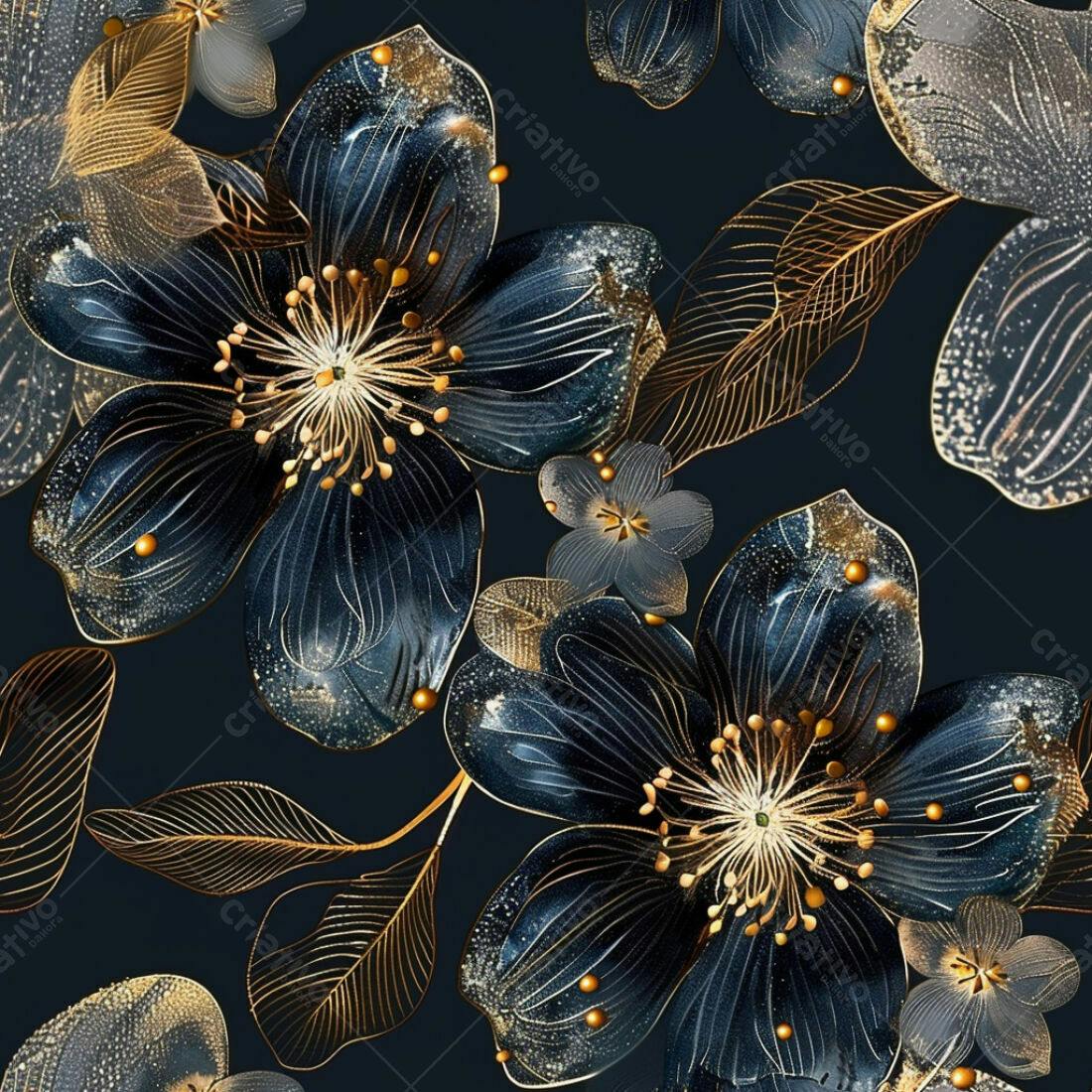 Textura floral azul marinho e dourado para fundo