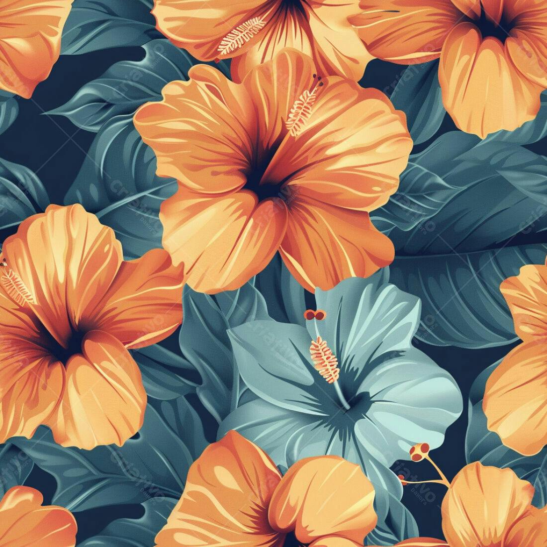 Textura floral Hibiscus laranja e azul para fundo