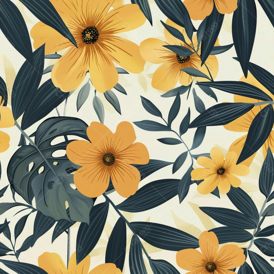 Textura floral tropical amarelo e azul para papel de parede