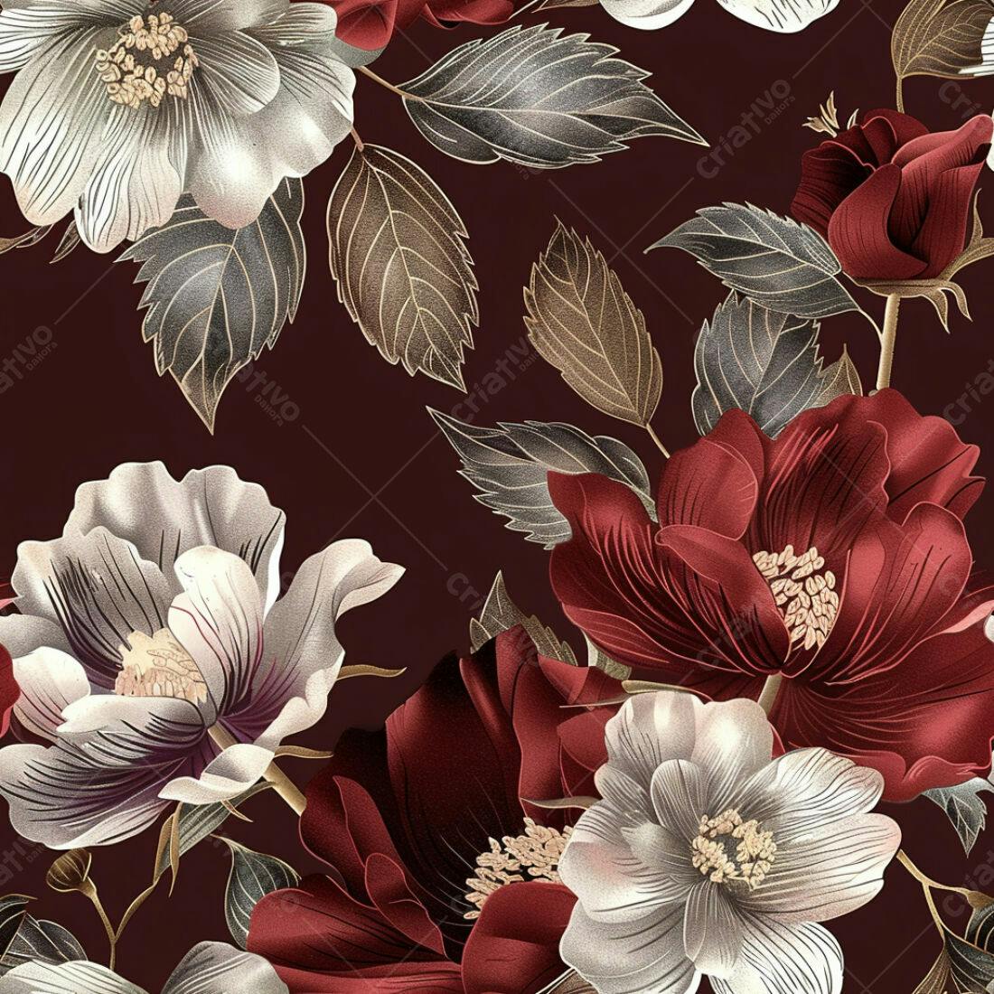 Textura Floral Bordô e Prata para Papel de Parede