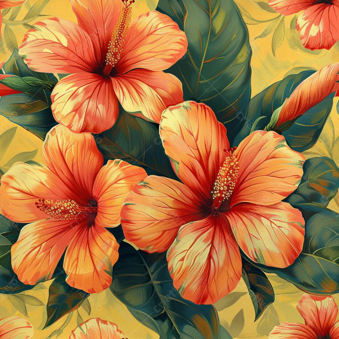 Textura Flores Hibisco Laranja para Papel de Parede