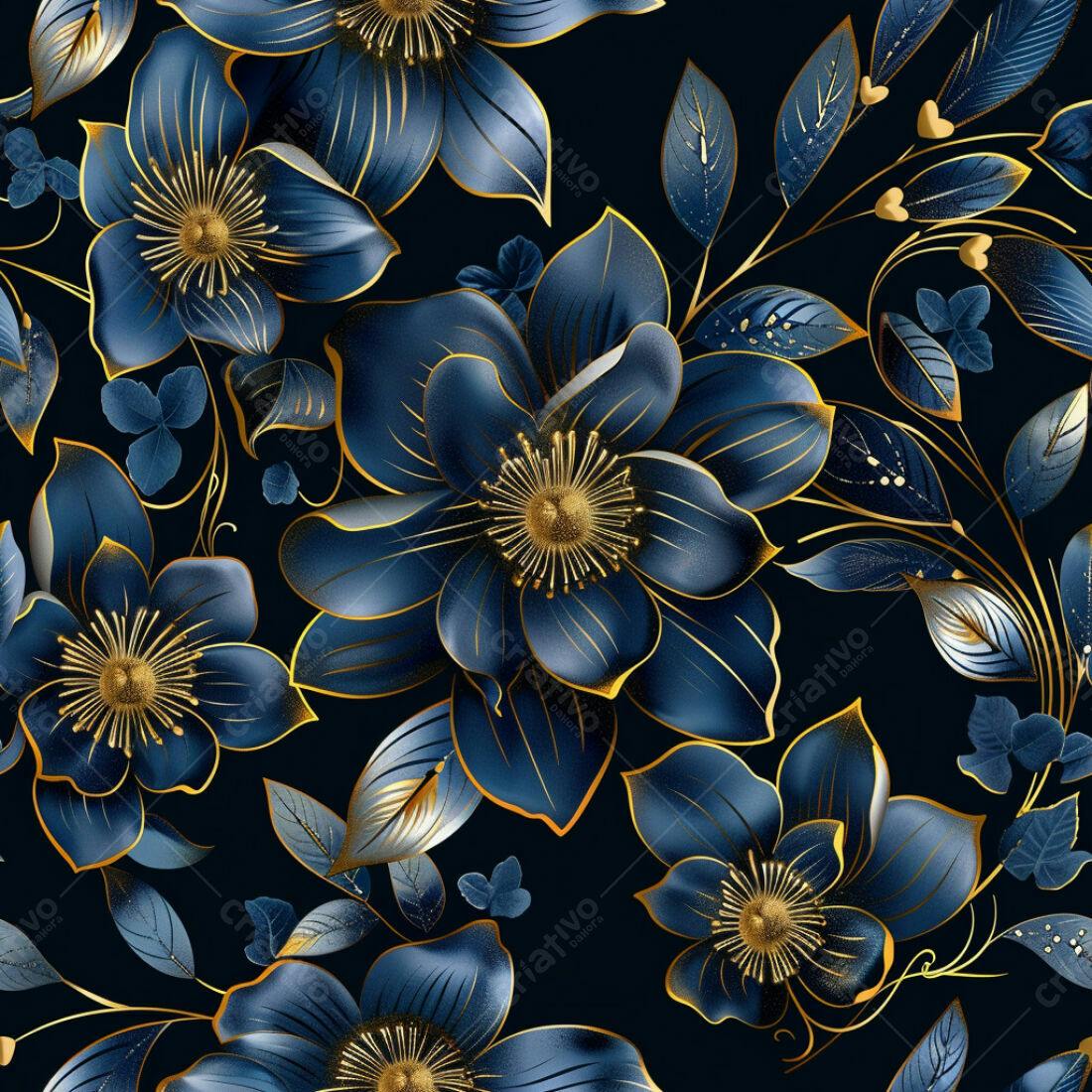 Textura floral azul e dourado para papel de parede