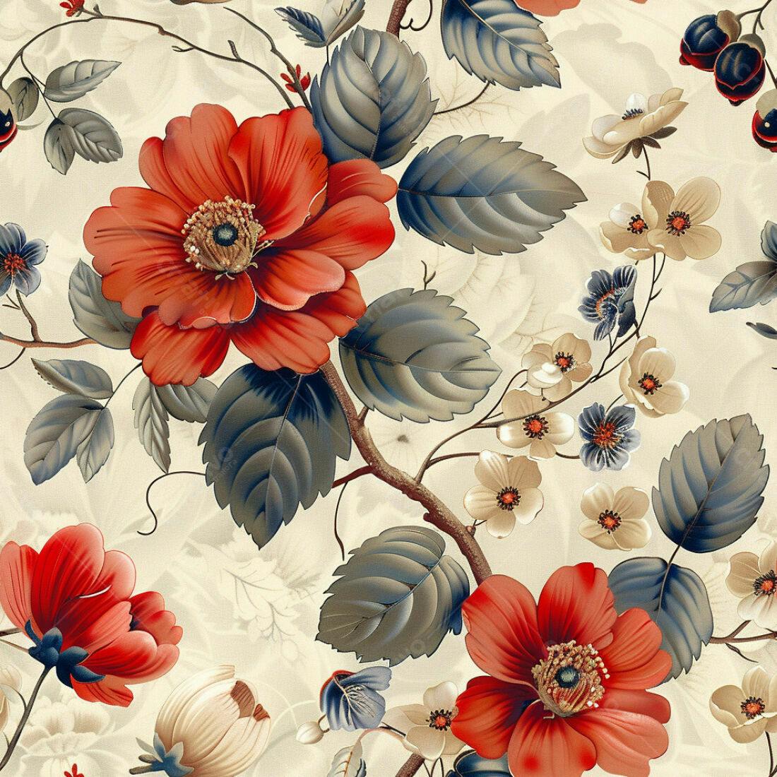 Textura Floral Vermelho e Bege para Papel de Parede