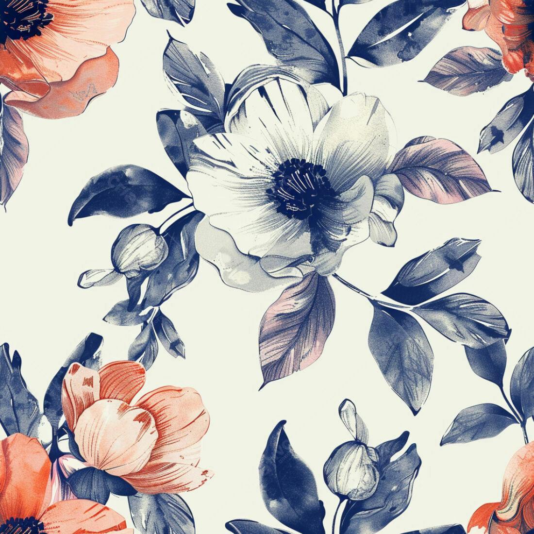 Textura floral azul e coral para papel de parede
