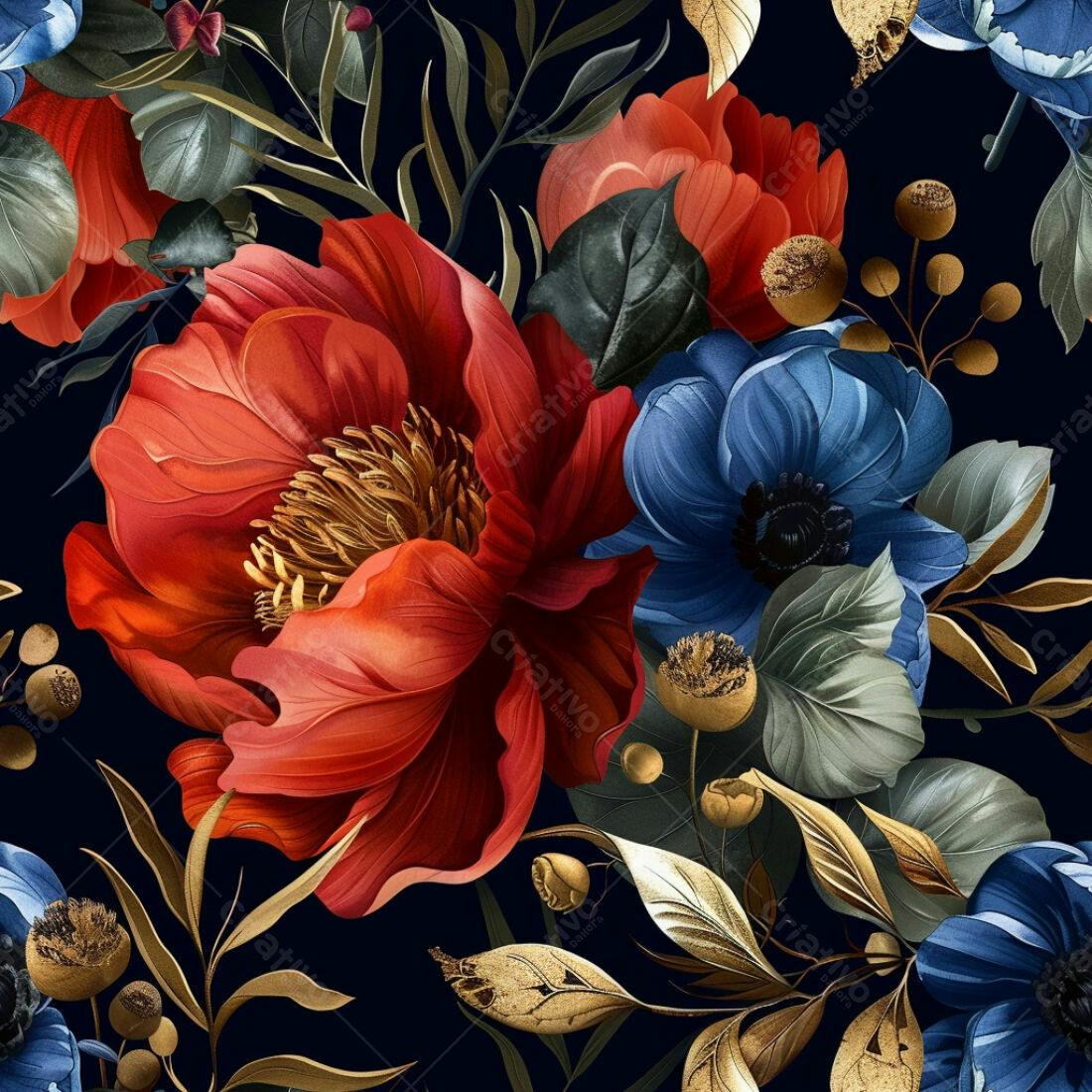Textura Floral Vermelha e Azul para Fundo
