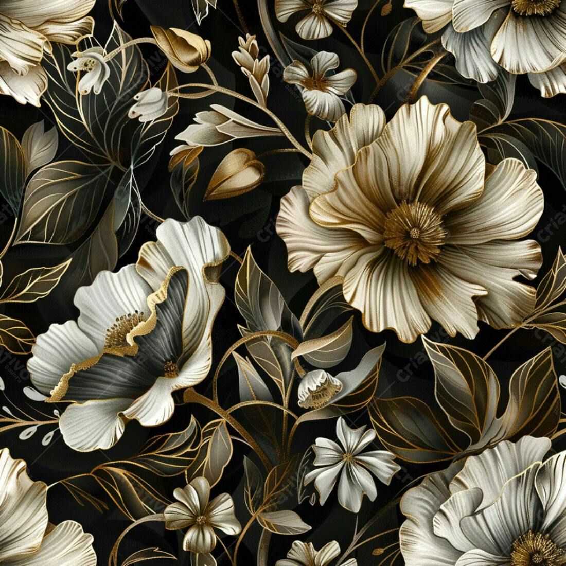 Textura Floral Luxo Preto e Bege para Papel de Parede