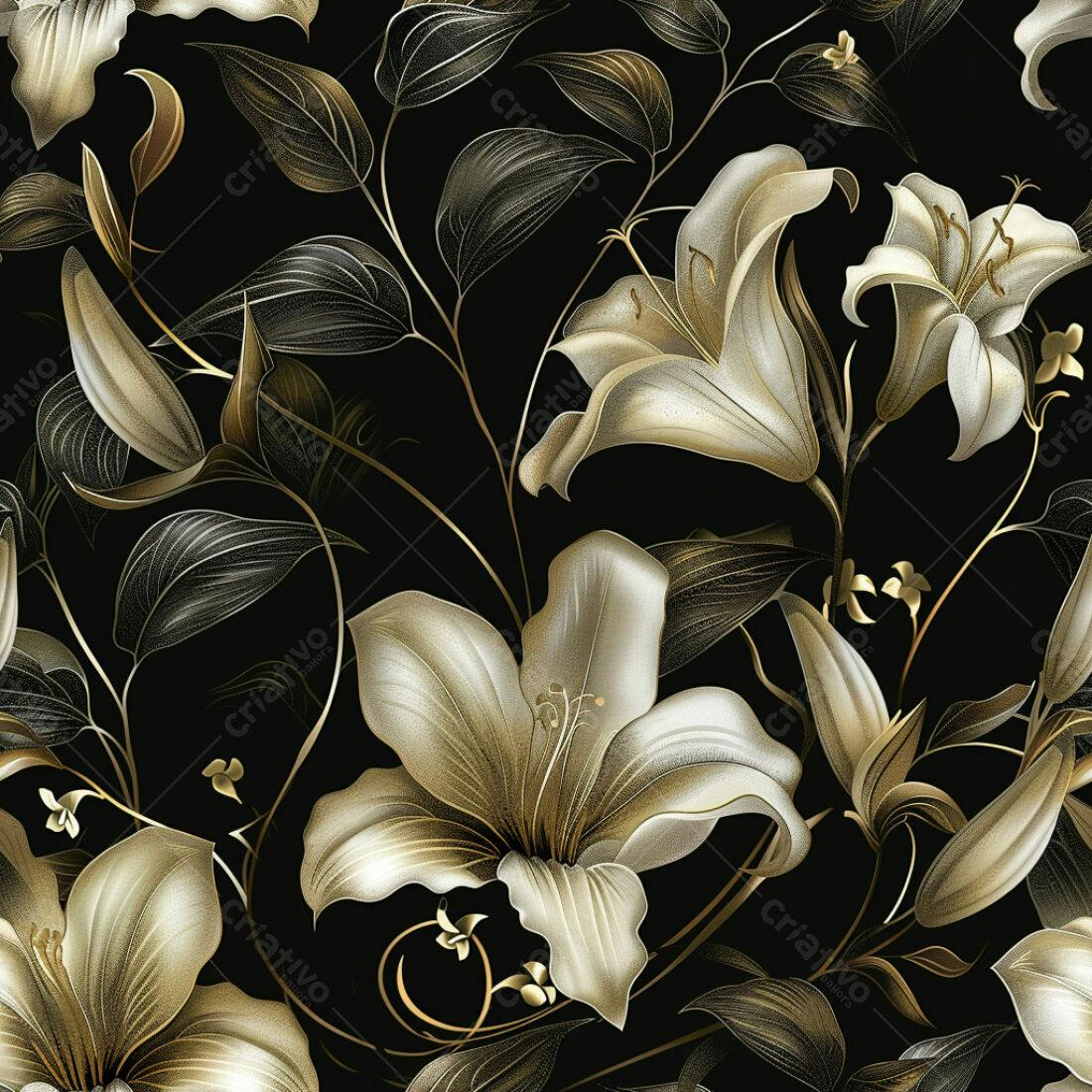 Textura floral lírios dourado e creme para papel de parede