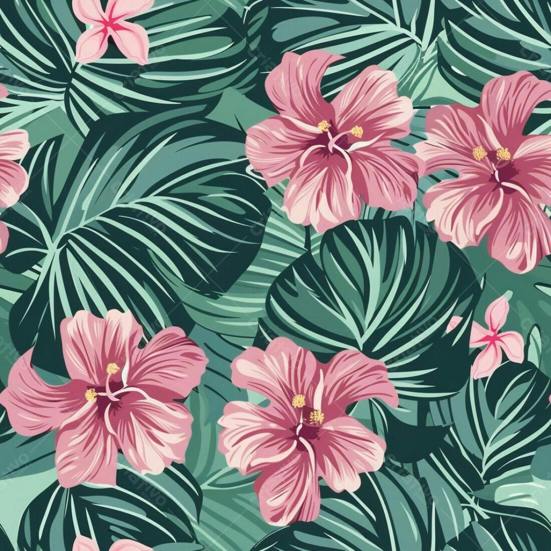 Textura floral tropical rosa e verde para papel de parede