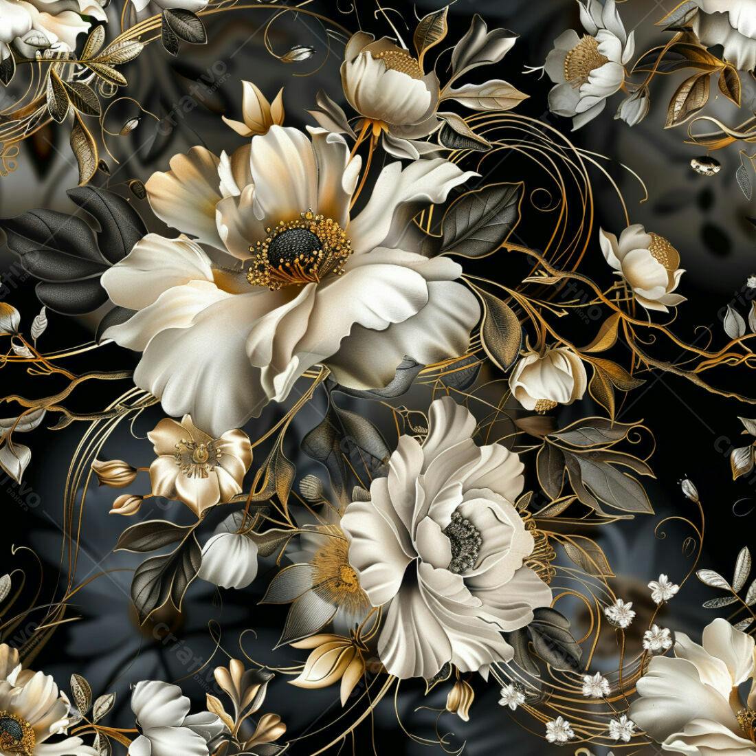 Textura Floral Luxo Ouro e Branco para Papel de Parede