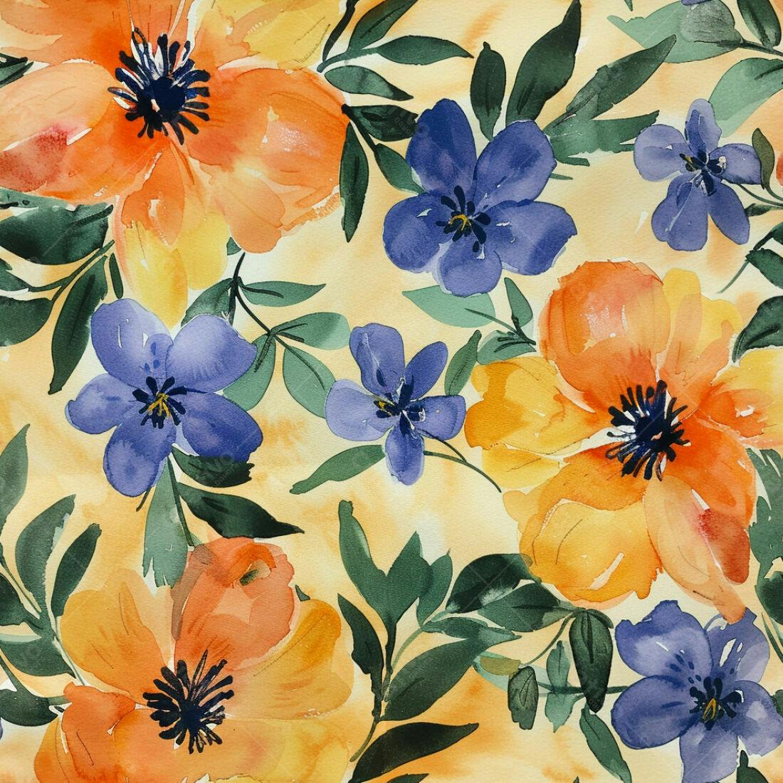Textura floral aquarela laranja e roxo para papel de parede