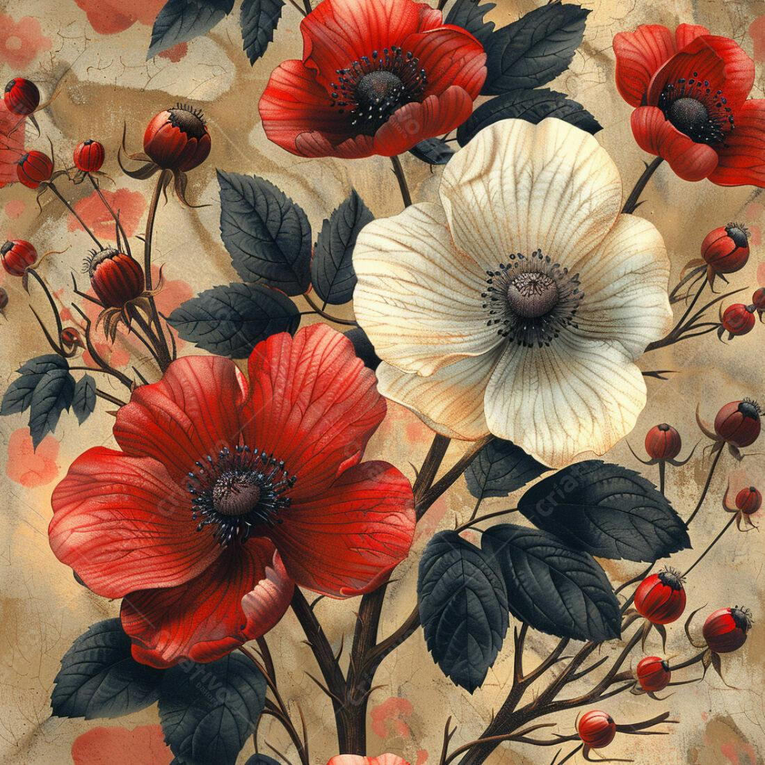 Textura Flores Vermelhas e Brancas para Papel de Parede