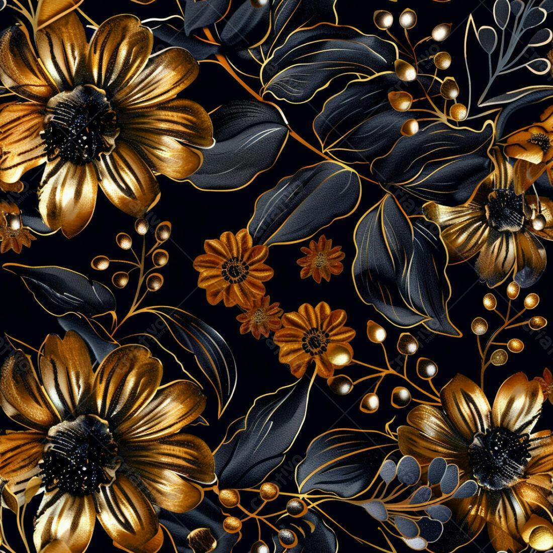 Textura Floral Dourada e Preta para Papel de Parede