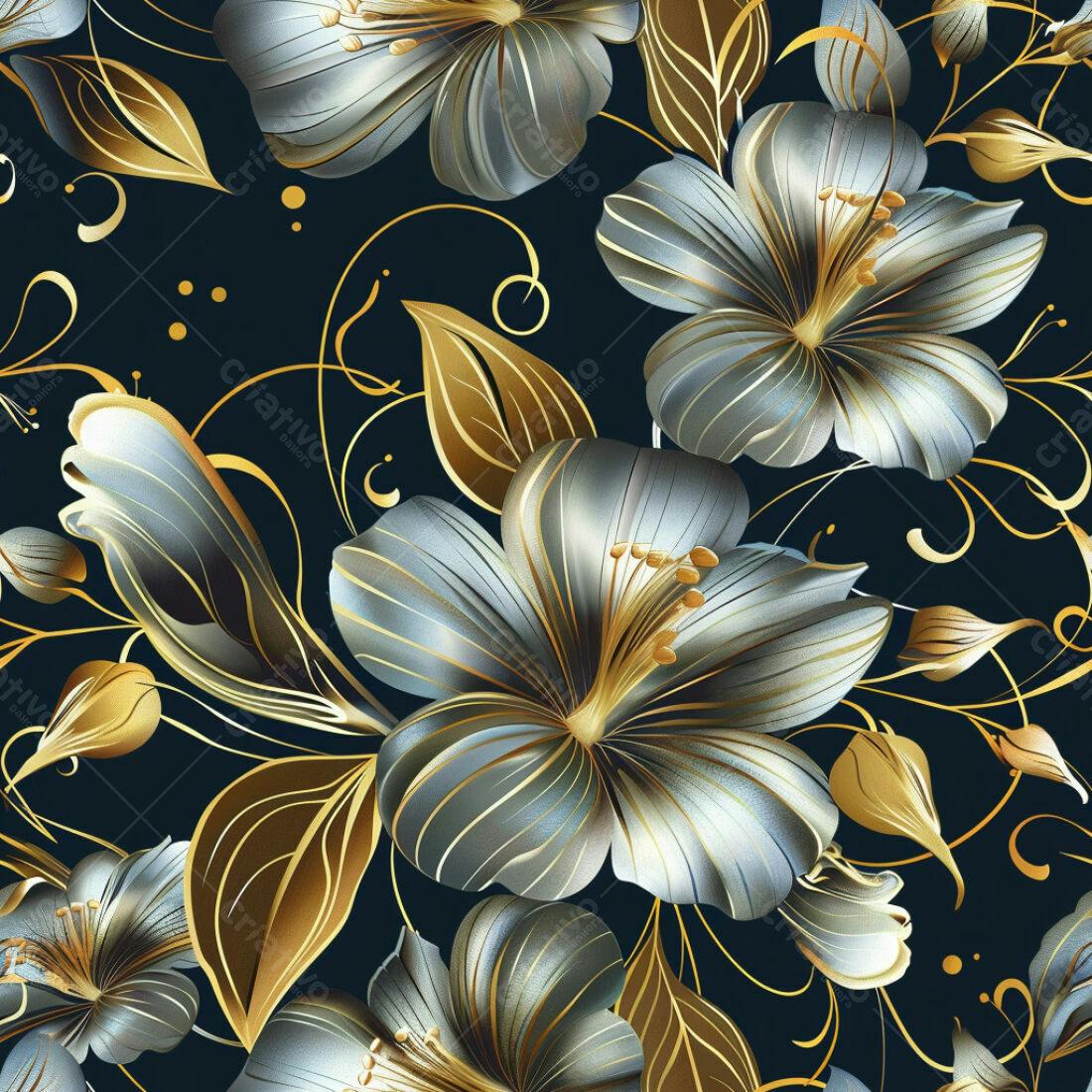 Textura Floral Luxuosa Dourada e Cinza para Papel de Parede