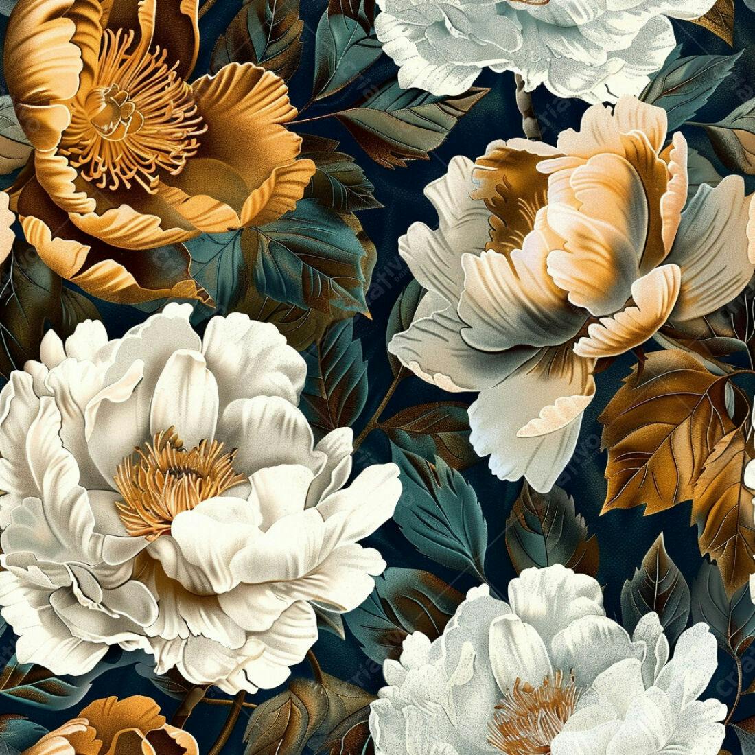 Textura floral peônias branco e dourado para papel de parede