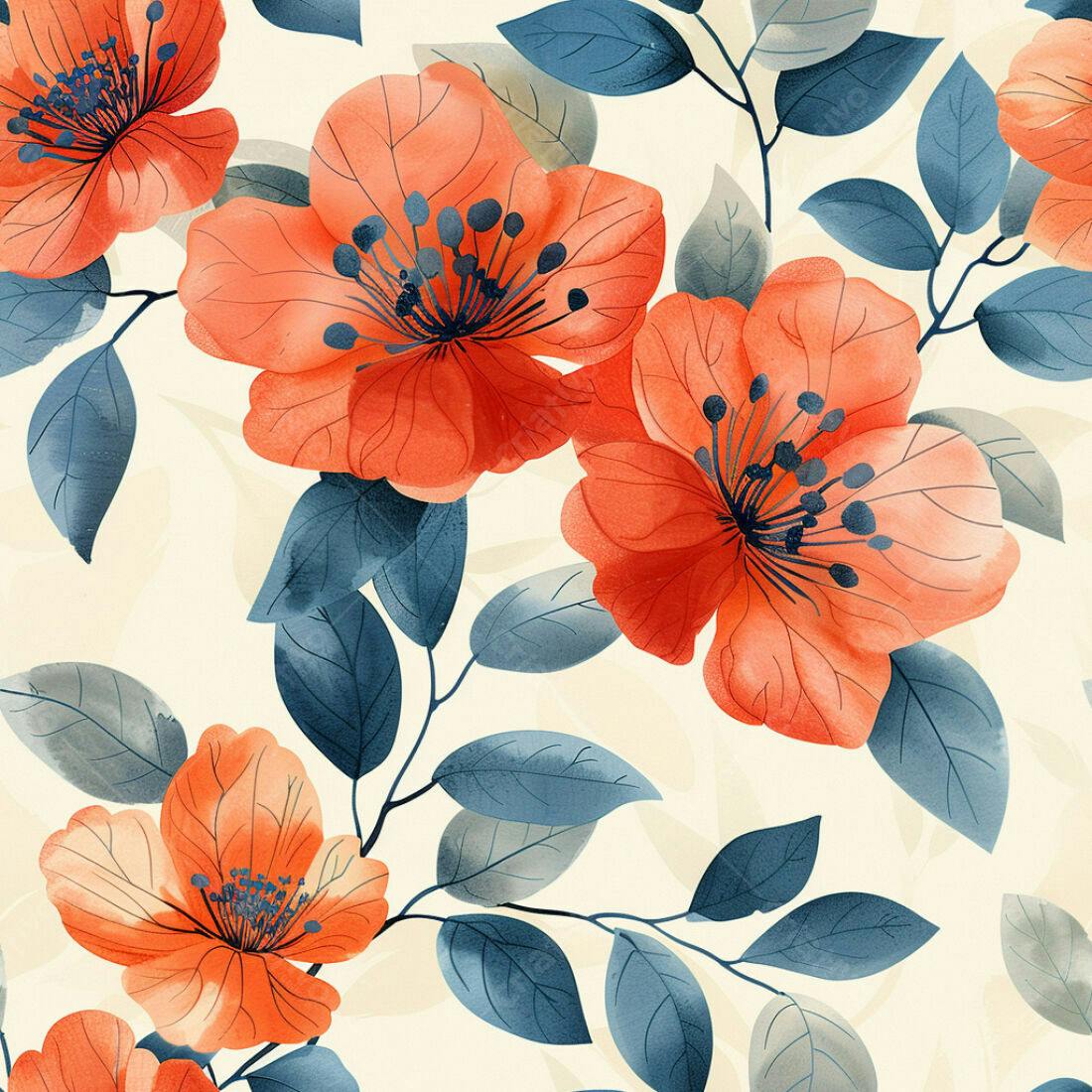 Textura floral laranja e azul para papel de parede