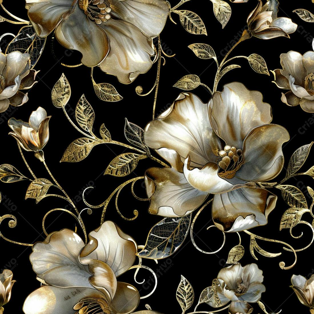 Textura Floral Dourada e Bege para Papel de Parede