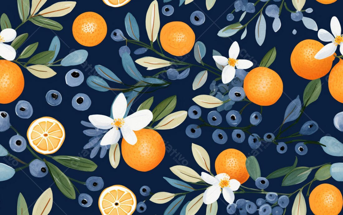 Textura floral laranjas e mirtilos para fundo