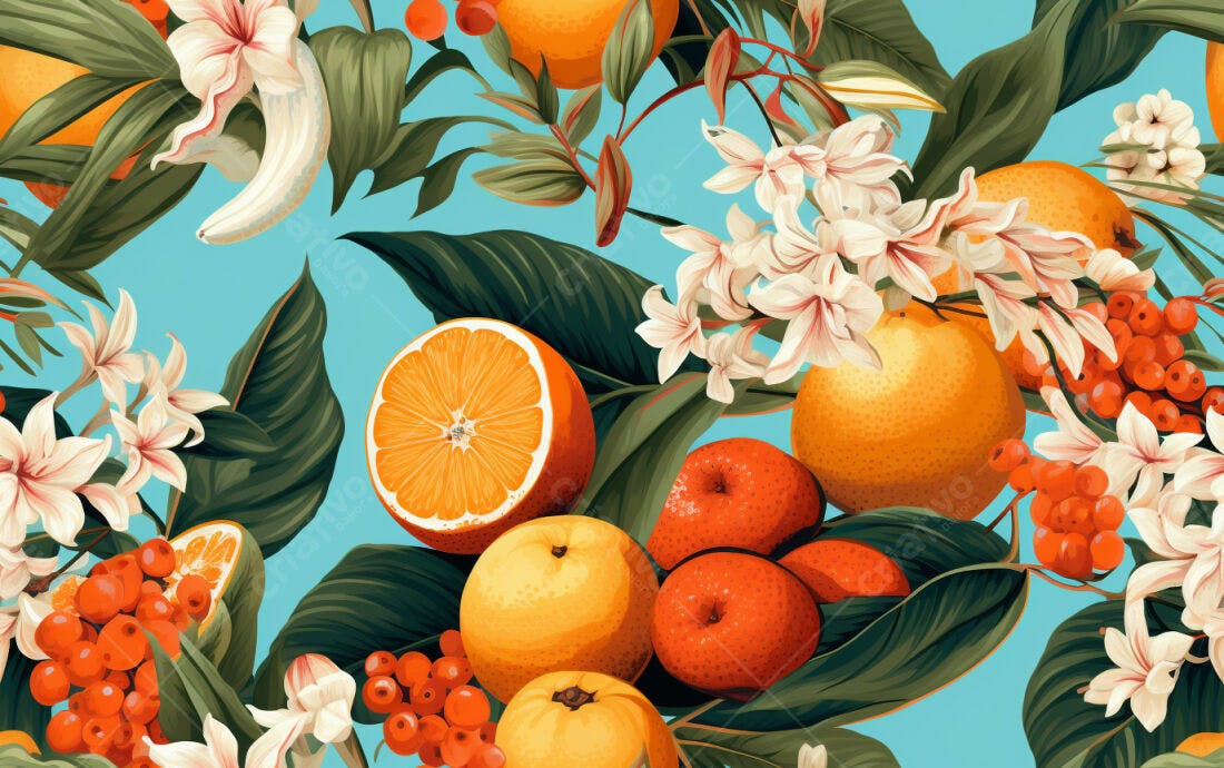Textura Frutas Cítricas e Flores para Papel de Parede
