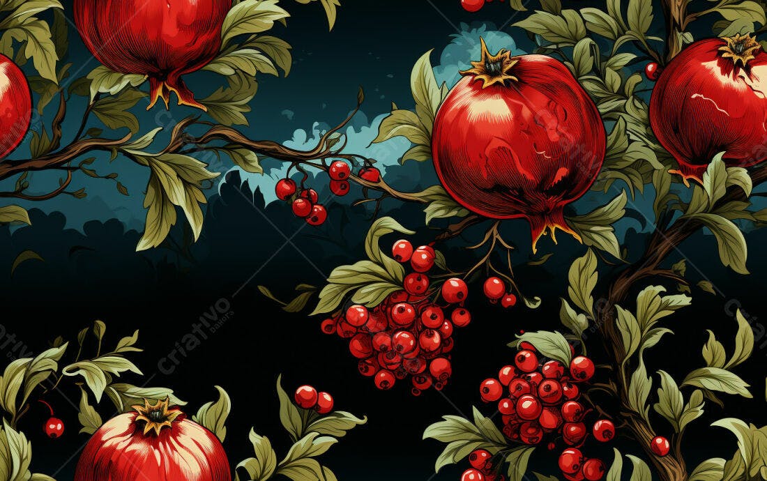 Textura Romã e Berries Vermelhas para Papel de Parede