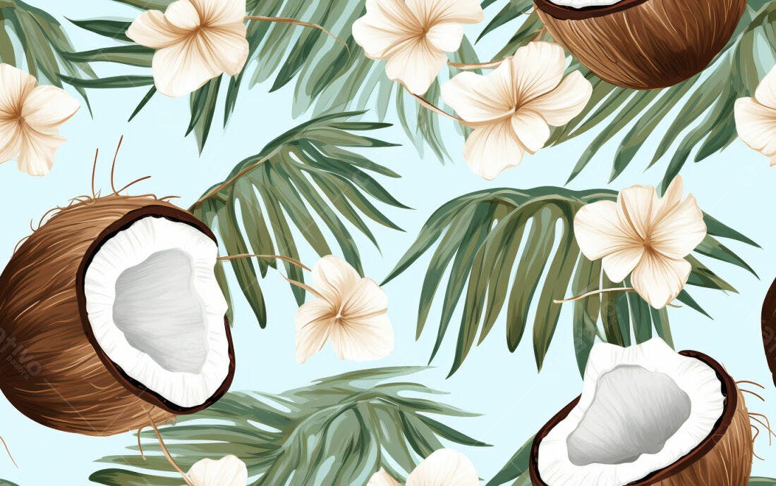 Textura Tropical Cocos e Flores para Papel de Parede