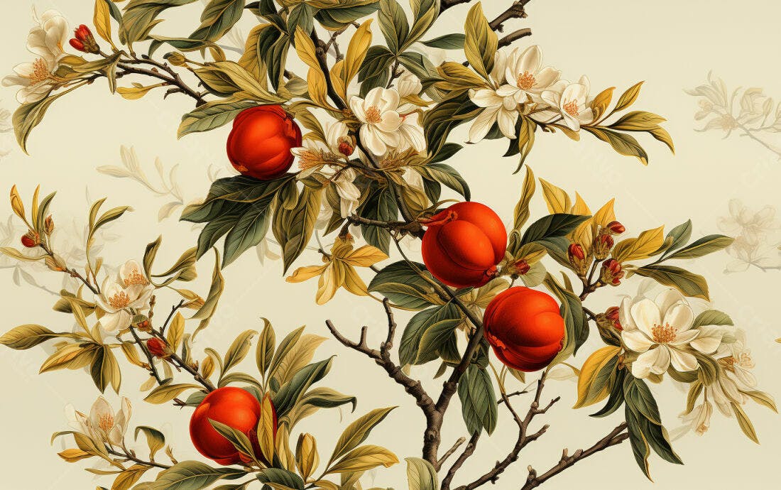 Textura Floral Frutas Vermelhas para Papel de Parede