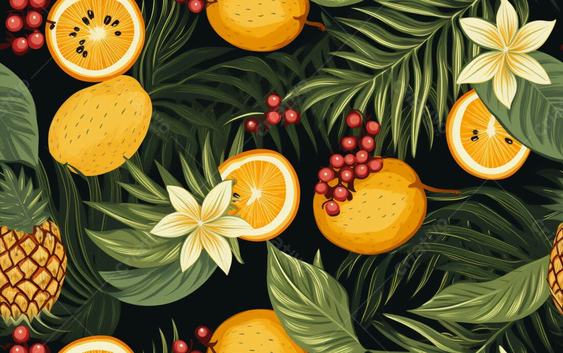 Textura Tropical Frutas e Folhas para Fundo