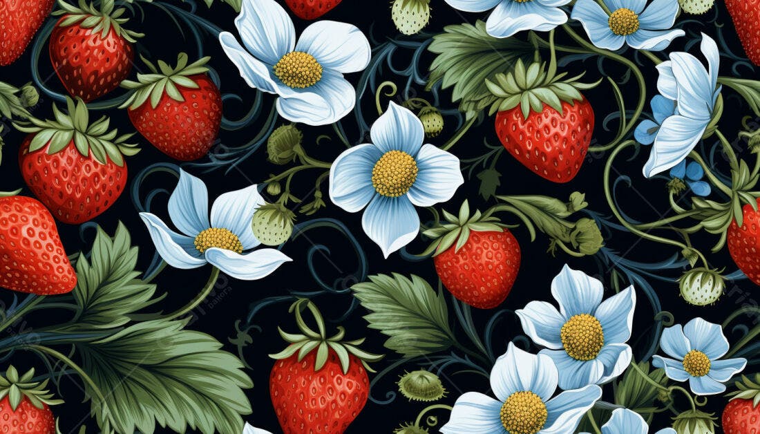 Textura Morangos e Flores para Fundo