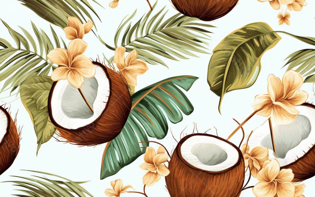 Textura Tropical Cocos e Flores para Papel de Parede